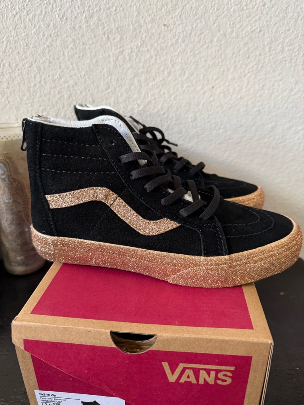 Vans Sk8-Hi Zip Party Glitter Black & Gold Youth Sneakers